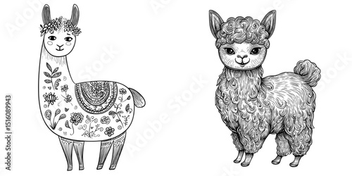 This cute cartoon alpaca is depicted as a funny animal doodle in a hand-drawn style, also provided in the form of an outline drawing that functions as a line clipart symbol
