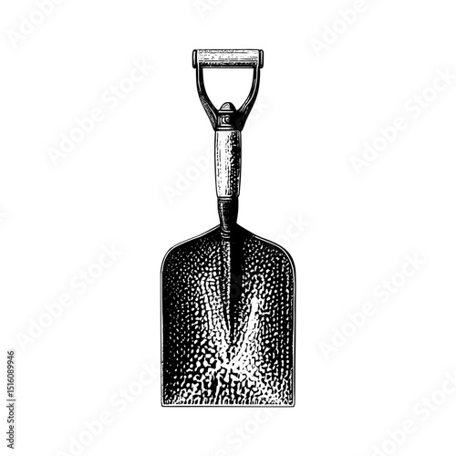 Detailed vintage black and white line art is used to create an outline drawing of a shovel with a D handle