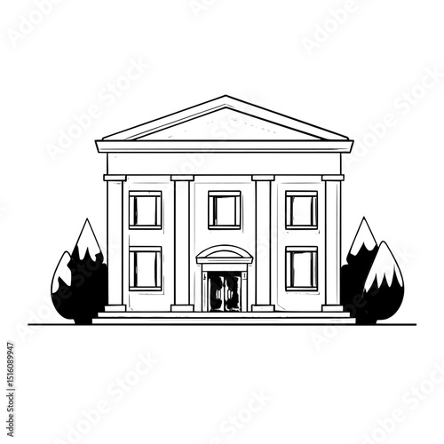 A minimalistic design features a simple line icon of a bank building complete with columns and a pediment