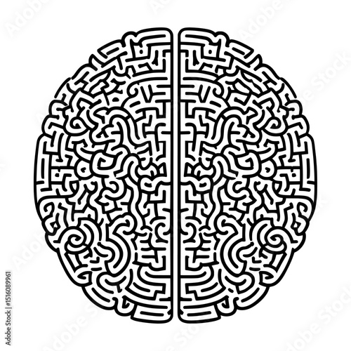 The illustration is a modern brain-shaped doodle with scribble lines, depicted in isolated black color on a white background