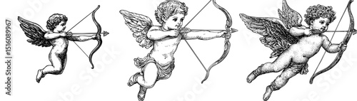 A hand-drawn sketch of Cupid in black and white is featured on a card design, showcasing detailed Valentine's Day romance and mythology through classical art and modern illustration, as he takes