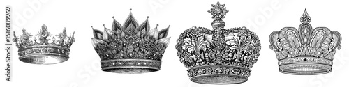 An intricate illustration of a medieval crown adorned with gemstones in black and white outline line art