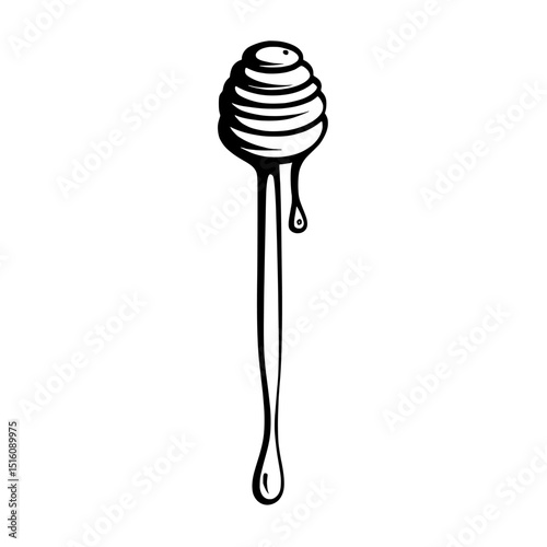 A black and white line art drawing shows a honey dipper with dripping honey in meticulous detail