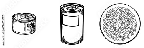 A can of caviar with a blank label is illustrated in a black and white outline line art drawing style