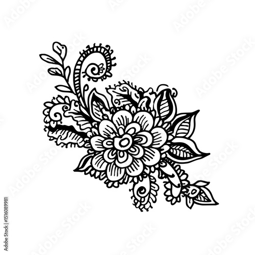 An intricate floral pattern is showcased in a hand drawn illustration of a vintage decorative area rug