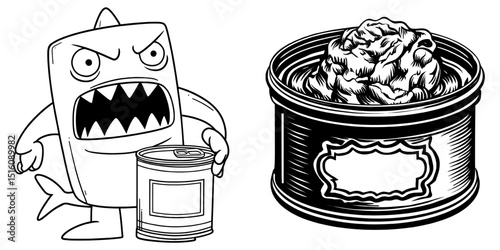 Caviar on a can is depicted in a detailed black and white outline line art drawing complete with a blank label