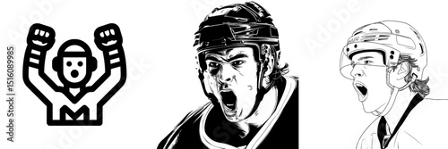 The scoring of a goal against opponents is marked by a hockey player's energetic victory cry, illustrated in a simple modern drawing using black ink on a transparent background in monochrome