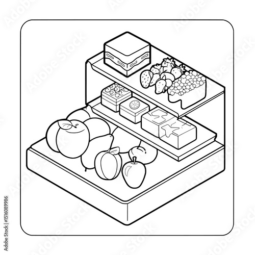 The isometric view of a simple mini market is illustrated in a black and white outline line art drawing complete with fruits and other items