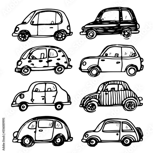 This modern image boasts an assortment of hand-drawn car silhouettes, which are rendered using uncomplicated black lines on a white background, imparting a sketched or illustrated aesthetic to the