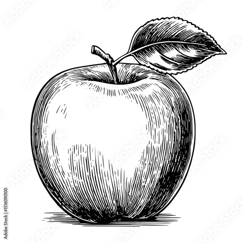 In a vintage line art style, a black and white outline sketch engraving of an apple with a leaf is illustrated on a white background, with the appearance of a scratch board imitation