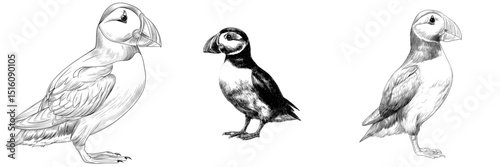Modern illustration of a puffin bird created using linear drawing and sketched art in a line style