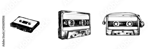 Detailed illustration of a cassette tape featuring a blank label in black and white outline line art