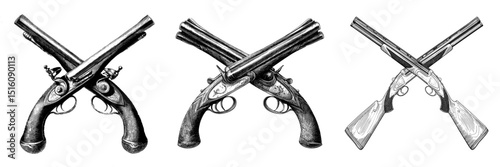 A detailed black and white outline line art drawing in engraving style featuring two crossed shotguns