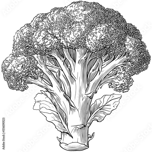 A broccoli illustration, created in vintage line art style, features a black and white outline sketch engraving that imitates a scratch board on a white background