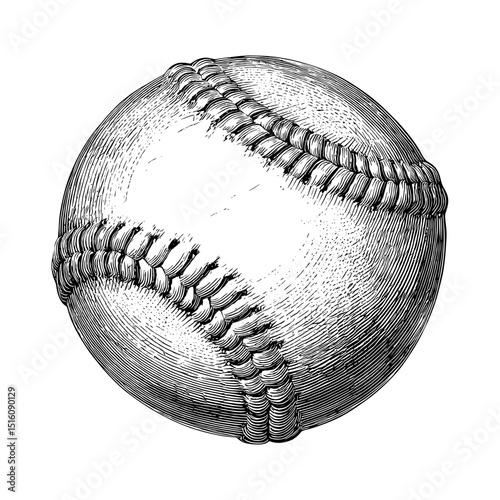 A vintage line art style illustration of a baseball ball is presented in a black and white outline, with the appearance of a scratch board engraving on a white background