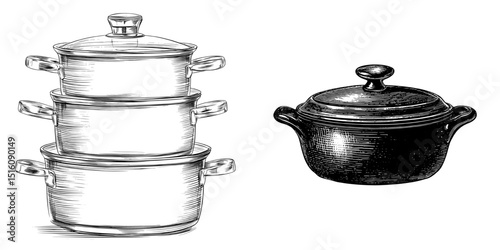 The kitchen pot is depicted in a black and white outline sketch with an engraving style, resembling a scratch board imitation