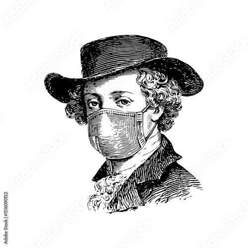 A medieval doctor is depicted wearing a mask in a black and white outline pandemic sketch created as a scratch board imitation