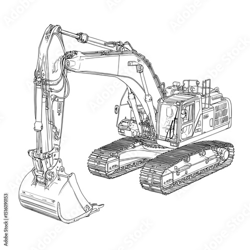 An excavator is depicted in a black and white outline engraving style, mimicking scratch board, illustrated in a vintage line art aesthetic on a white background