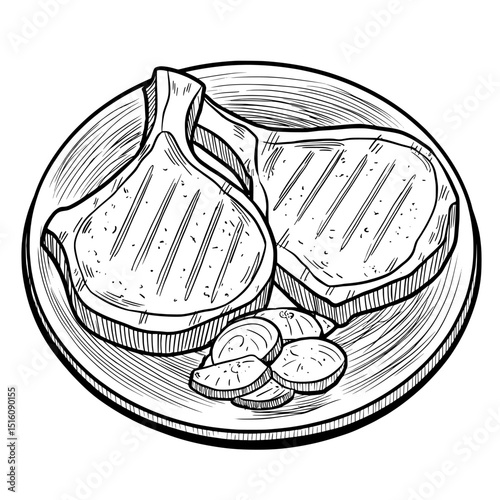 An illustration in sketch style featuring grilled pork chops accompanied by various sides