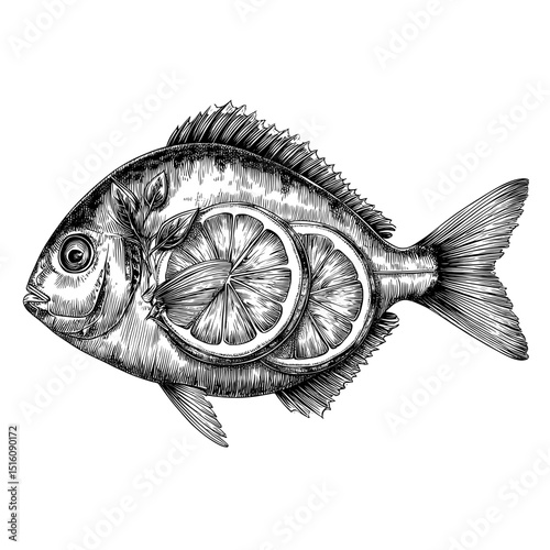 Sketch style illustration of lemon slices served with grilled fish