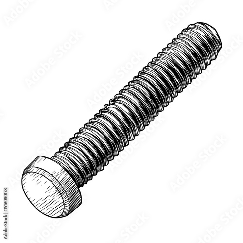 Detailed black and white outline line art drawing of a nut for a bolt in engraved style as an isolated object