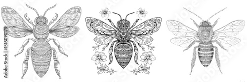 A bee is depicted in an intricate illustration that highlights its delicate details and nature's artistry in a monochrome design