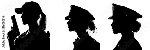 The silhouette of a female police officer is set against a white background