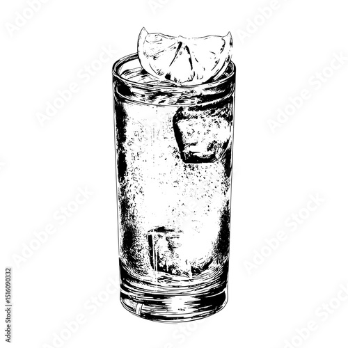 For a minimalist bar, a modern hand-drawn whiskey glass sketch is rendered in an engraving style