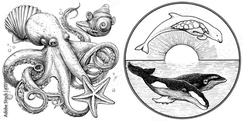 A black and white sketch depicts a modern underwater scene