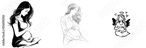 A serene pregnant angel with lengthy locks of hair, sitting calmly, cradling her belly with affection and devotion, set against a modern isolated backdrop