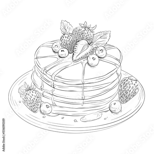 Linear line art engraving of a breakfast serving of pancakes with berries and syrup in black and white modern illustration