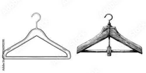 Detailed black and white outline line art drawing of a wooden clothes hanger from the front view