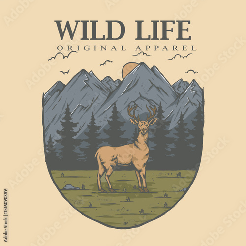 A stunning Handrawn illustration of a deer standing in the forest with a majestic mountain background perfect for wildlife, nature, outdoor themed design, summer themed, tshirt design, stickers design