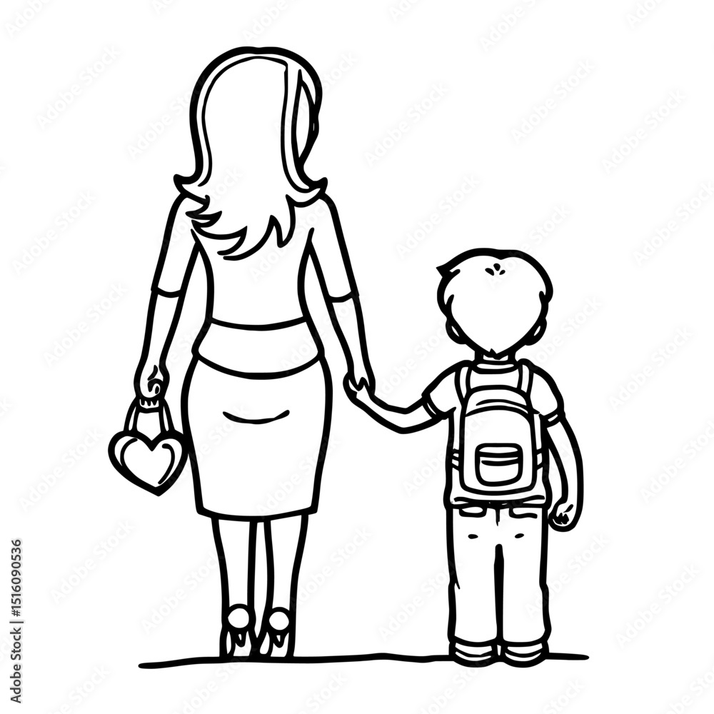The image shows a mother and son holding hands viewed from the back in a detailed black and white line art outline drawing The image shows a mother and son holding hands viewed from the back in a detailed black and white line art outline drawing