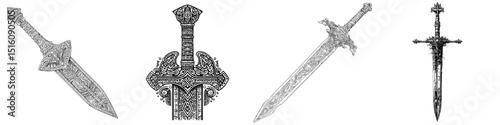 A medieval sword featuring an ornate hilt is depicted in hand-drawn black and white line art as a modern