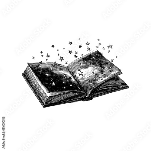 A Magical Open Book Surrounded by Stars in a Black and White Minimalist Style