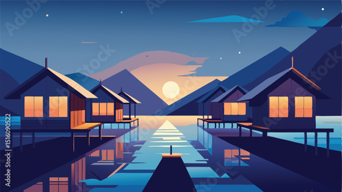 Beautiful landscape water houses sunset scenery vector art design