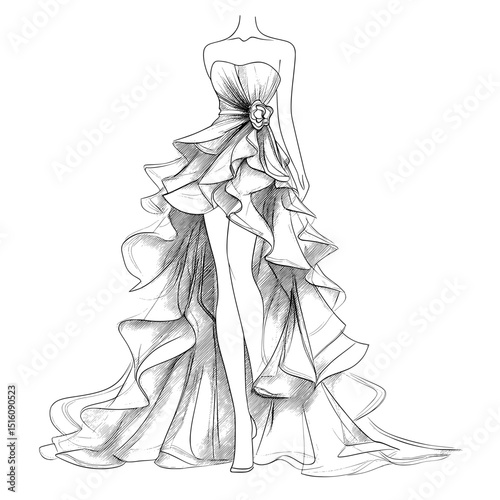 Modern dramatic fashion is represented by monochrome dress design art