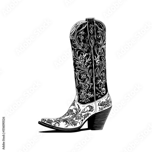 Detailed black and white line art of a cowboy hat and boot, outlined and isolated on a white background