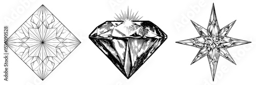 Diamond Gemstone featuring a Sunburst Glow Effect in a Black and White Outline Line Art Drawing