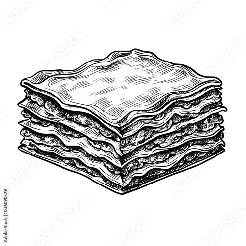 A vintage line art style illustration shows lasagna on a plate in black and white outline engraving, with the appearance of a scratch board on a white background