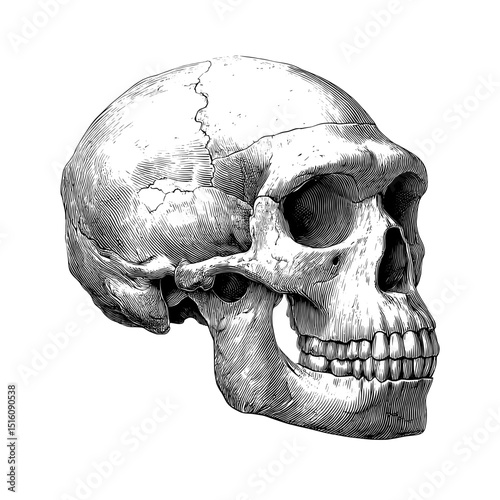 A scratch board imitation of human evolution is shown in a black and white engraving style
