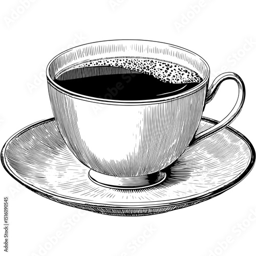 A vintage line art style illustration of a hot coffee cup, rendered as a black and white outline engraving with a scratch board effect, on a white background