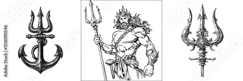 Neptuene is depicted holding a trident in a sketch engraving with a black and white outline, resembling a scratch board imitation