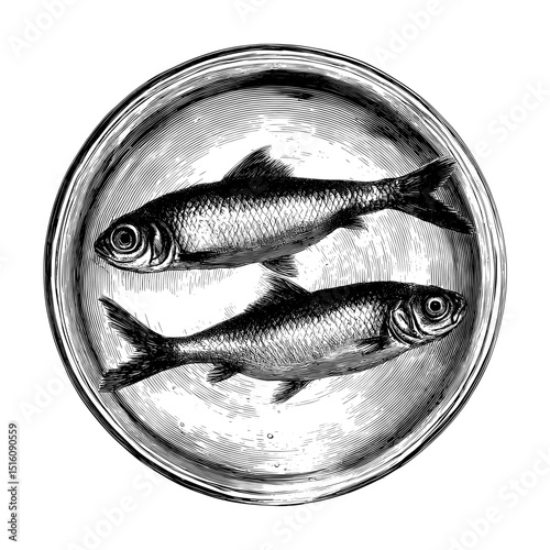 A vintage line art style illustration on a white background features a gold fish swimming in a fishbowl, presented in a black and white outline sketch engraving with a scratch board imitation