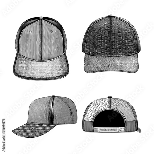 Detailed illustrations of various baseball cap designs highlighting differences in shape, texture, and style