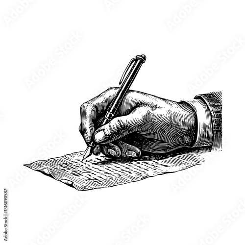 In a detailed black and white line art drawing, a hand can be seen holding a pen as it writes on a piece of paper