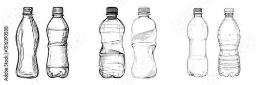 A simple line art design is used to compare two distinct styles of plastic water bottles, highlighting their unique features and shapes