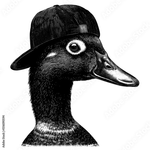 Black and white outline line art drawing of a duck with a snapback hat, created in a detailed engraved style