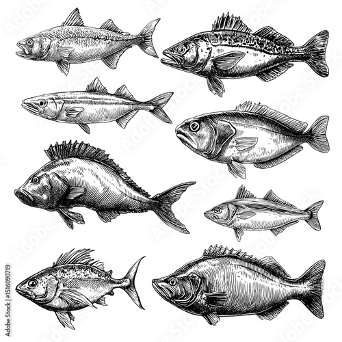 Hand-drawn illustrations of various fish species are showcased in different styles to serve both artistic and educational needs